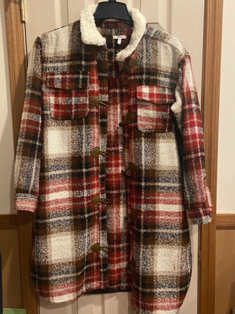 Maurices Plaid Toggle Trench Coat in Red, Brown, Cream